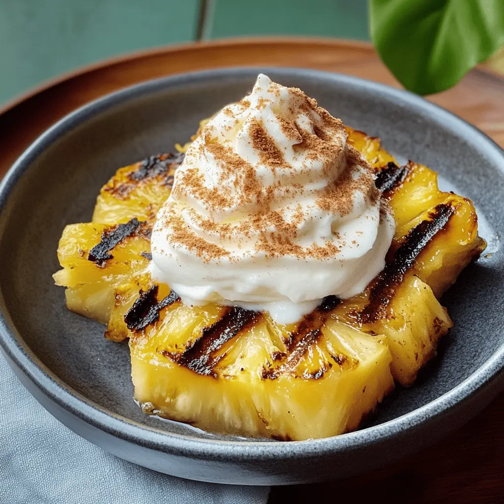 Looking for a refreshing summer treat? Try this Grilled Pineapple with Coconut Cinnamon Whipped Cream! The sweet tanginess of grilled pineapple pairs perfectly with the creamy, spiced coconut topping. Ideal for barbecues, tropical parties, or a delightful dessert at home. Save this recipe and impress your guests with a taste of the tropics!